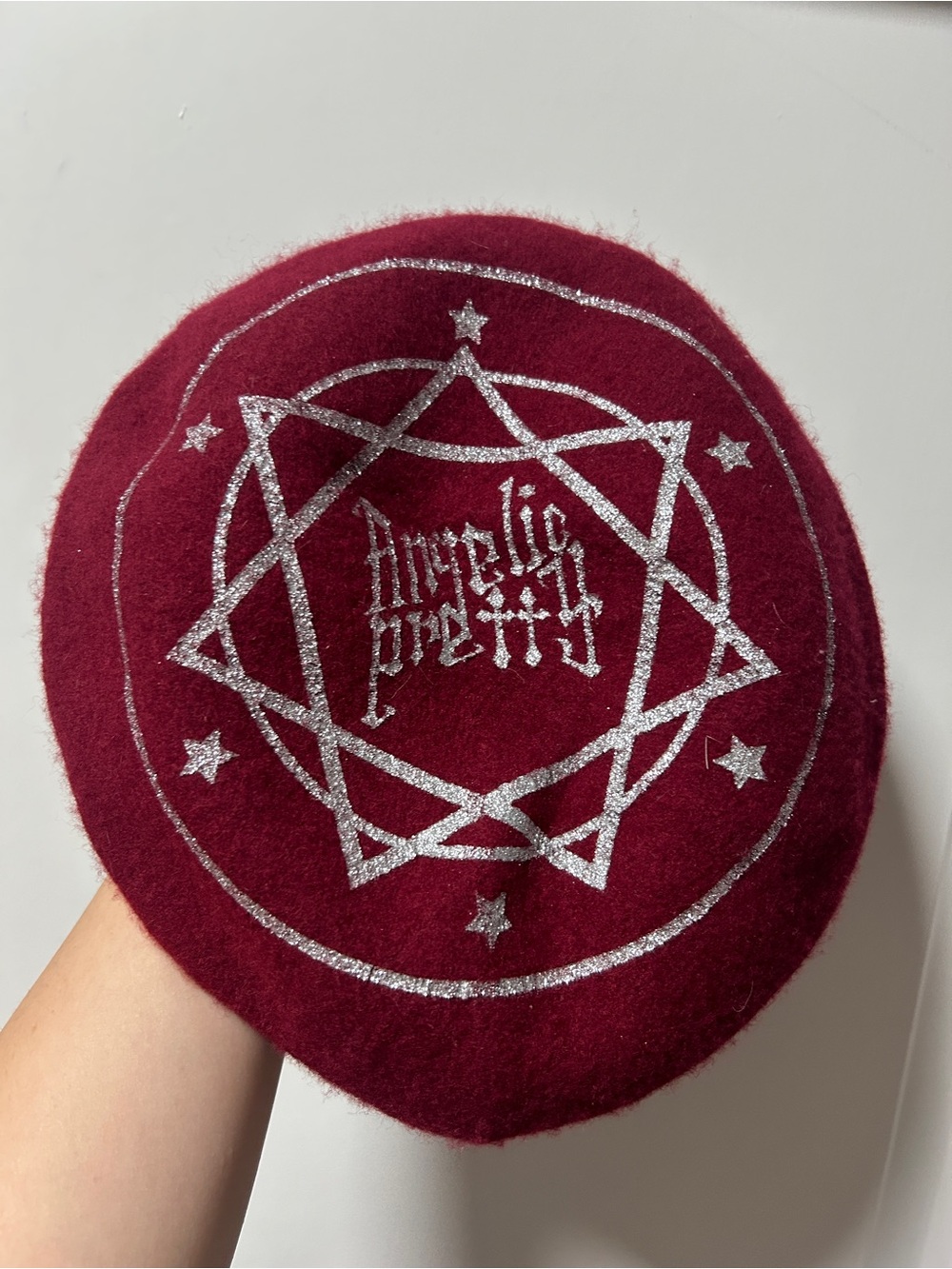 Angelic Pretty Burgundy Wool Beret with Silver Star Motif
